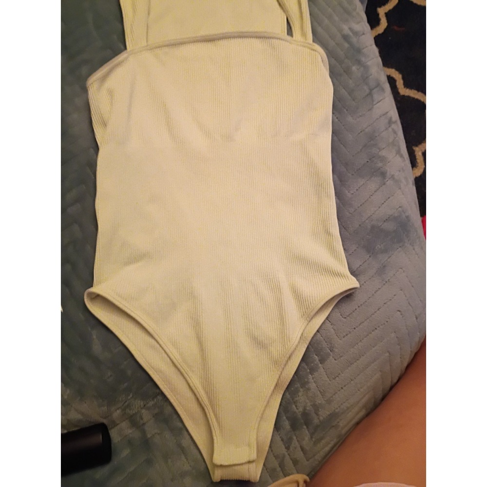 GUC L OQQ Womens Size Small Beige Rib Knit Square Neck Sleeveless Bodysuit